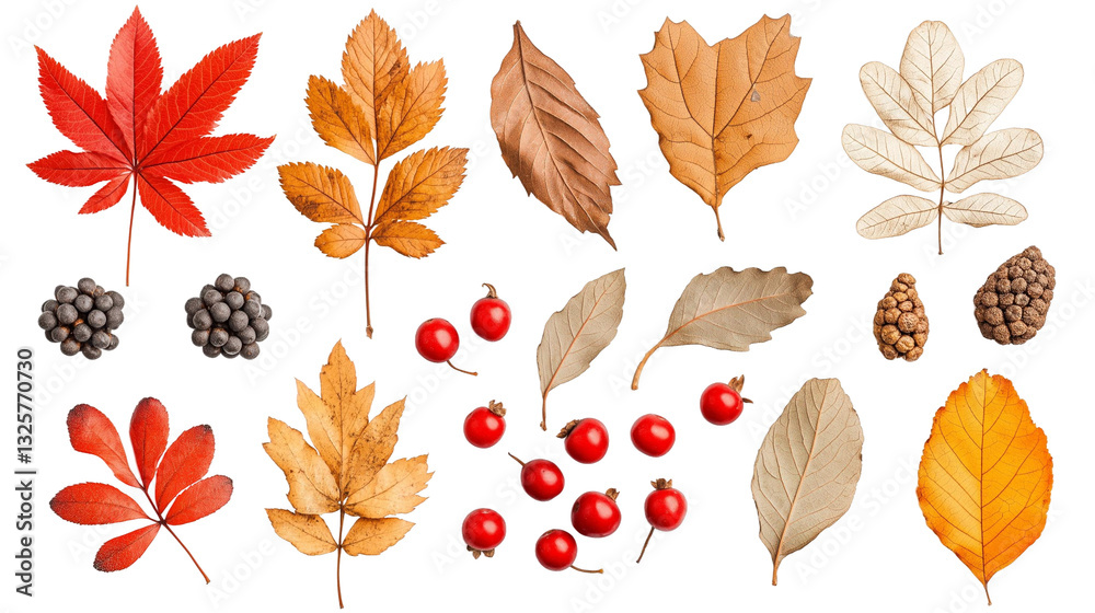 Fototapeta premium Autumn Arrangement of Dried Leaves and Rowan Berries, Symbolizing Nature's Seasonal Transition. png file of isolated cutout object with shadow on transparent background.