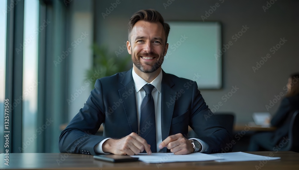 Fototapeta premium Professional's Confident Presence: A distinguished businessperson in a sharp suit, radiating confidence and expertise while seated at a desk. Captured with a focus on the poised professional.