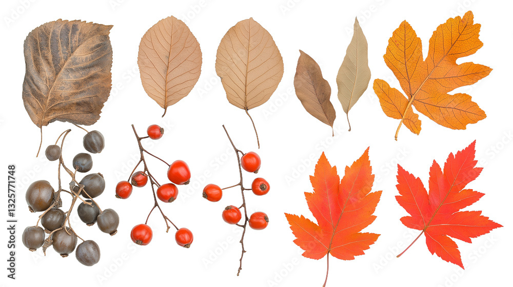 Fototapeta premium Autumn Arrangement of Dried Leaves and Rowan Berries, Symbolizing Nature's Seasonal Transition. png file of isolated cutout object with shadow on transparent background.