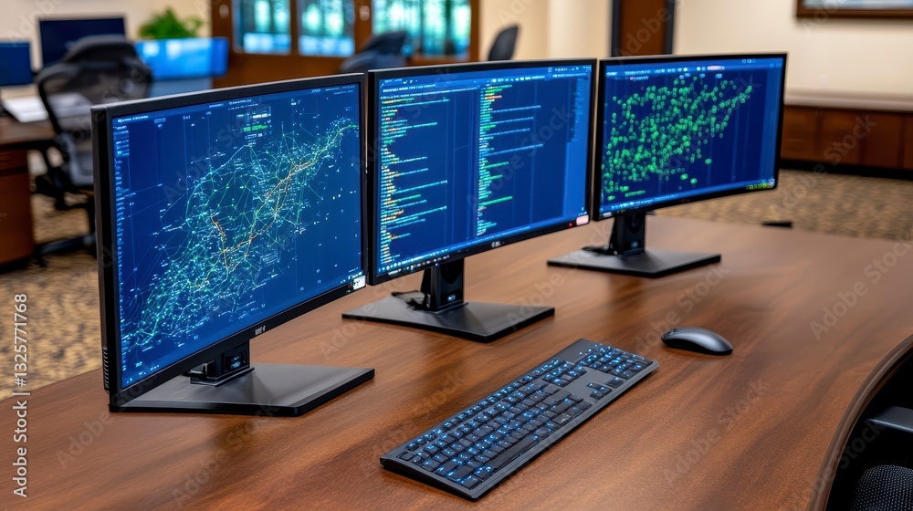 Naklejka premium Three Monitors Displaying Data Visualizations on Dark Wood Desk