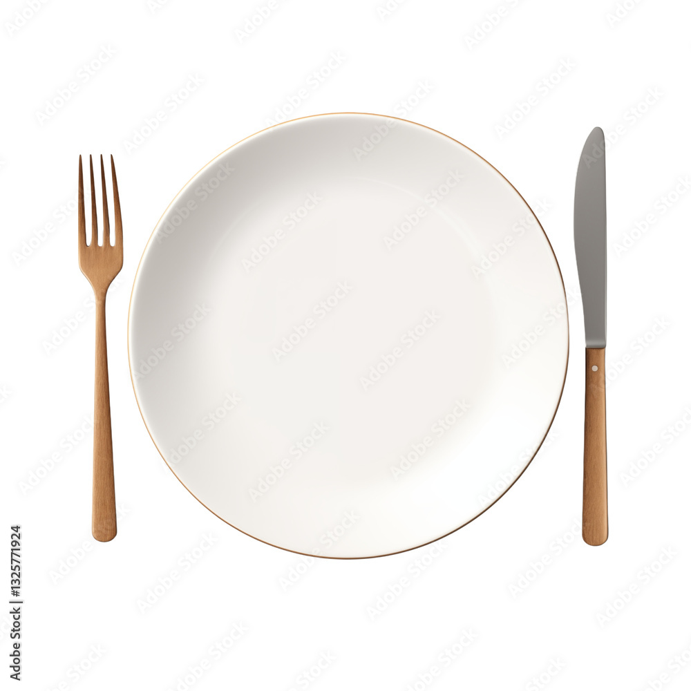 top view of ceramic plate with fork and knife, perfect for dining, isolated on transparent background top view of ceramic plate with fork and knife, perfect for dining, isolated on transparent background