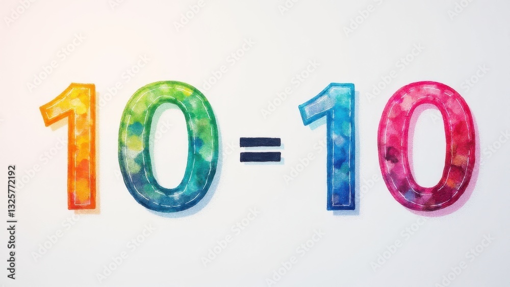 Colorful numbers 10 and 10 with an equal sign between them, representing equality in a vibrant style.