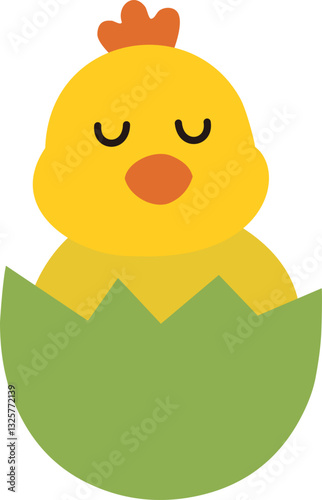 Cute little chick sitting in the eggshell flat vector illustration.
Easter yellow chick hatching from its shell cartoon isolated.
Good for greeting card,poster, banner, leaflet.
Transparent background