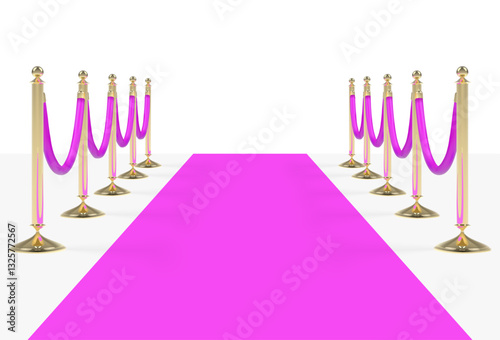 Pink carpet with pink ropes on golden stanchions. Vector illustration isolated on white background