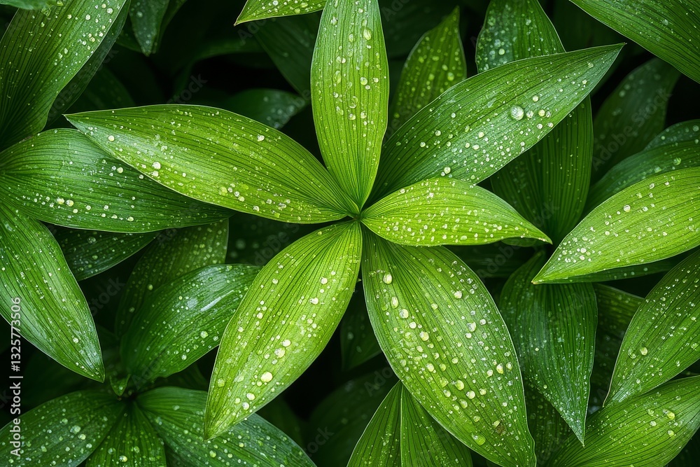 Fototapeta premium Close-up of dewdrops on grass blades, forming intricate patterns as they glisten in the morning light. Lush green nature scene.