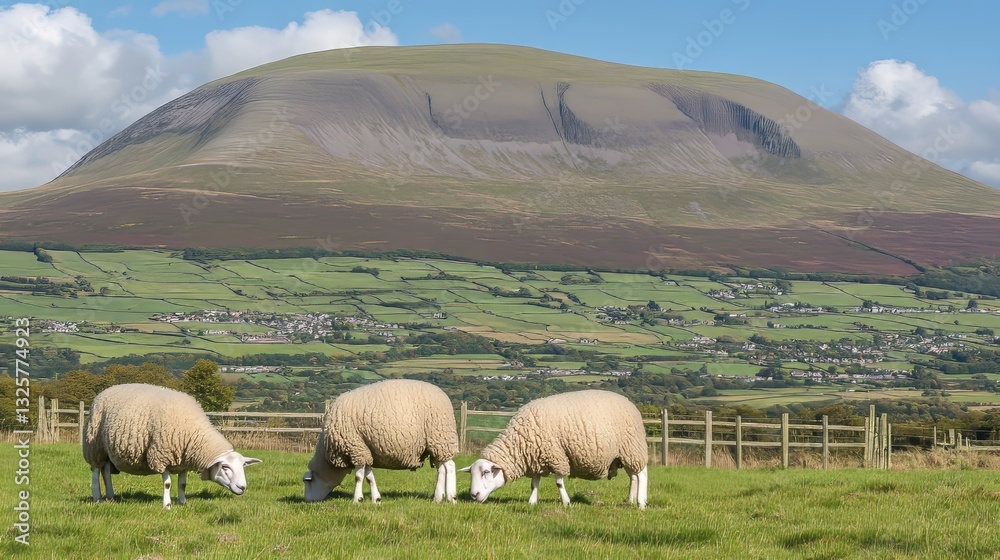 Fototapeta premium Sheep grazing on green field with mountain landscape on sunny day