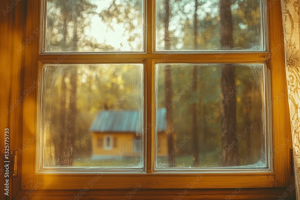 Obraz premium Close-up of textured window glass with an enchanting atmosphere, overlooking a blurred background of green trees and a cozy yellow house.