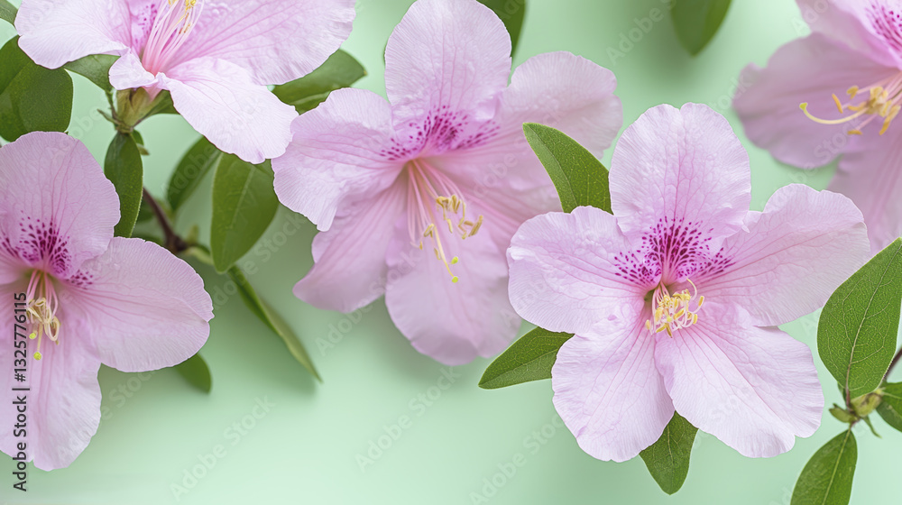 Obraz premium Delicate pink flowers with green leaves on soft mint background create serene atmosphere