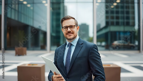 Confident Professional in Urban Setting: A distinguished businessman in a sharp suit and glasses, clutching a file, stands confidently amidst a modern cityscape.