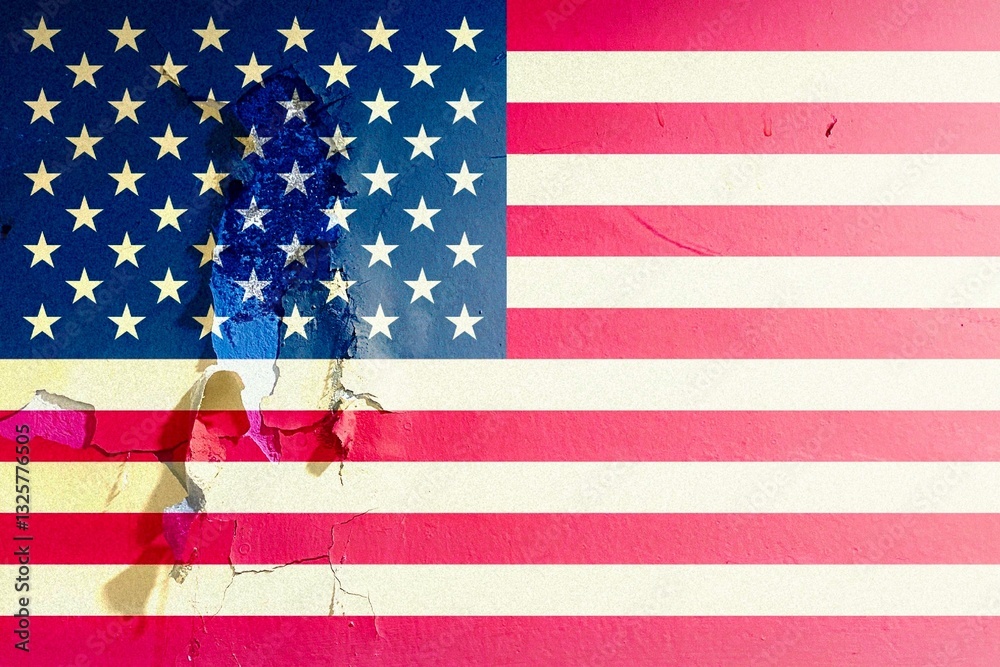 Naklejka premium An old American flag painted on a cracked wall creates a textured and patriotic background.