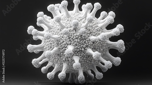A magnified electron microscopy image of a newly discovered flu virus, highly detailed spherical shape with mutated spike proteins, glowing scientific contrast, realistic biological textures,