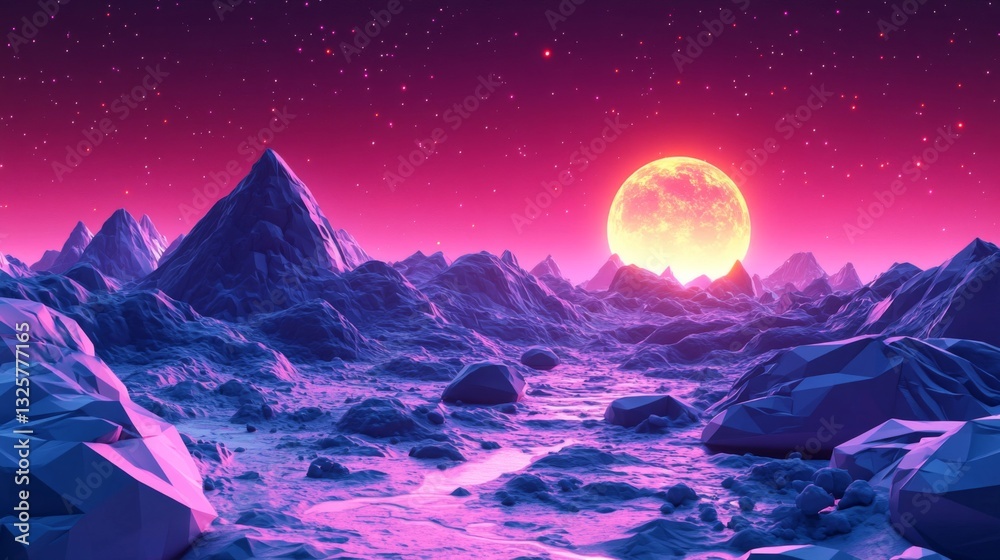 Fototapeta premium Pink and Purple Alien Landscape with Geometric Mountains at Sunset