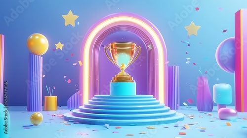 Award Ceremony, celebratory scene.  Colorful, modern design with a trophy