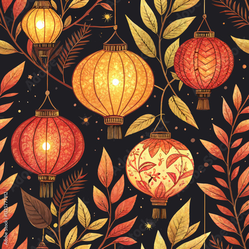 Seamless lantern background with glowing paper lanterns in warm hues of orange, red, and yellow, evoking the festive spirit of Mid-Autumn Festival 