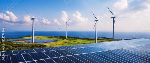 Solar panels and wind turbines harness renewable energy on a bright sunny day.