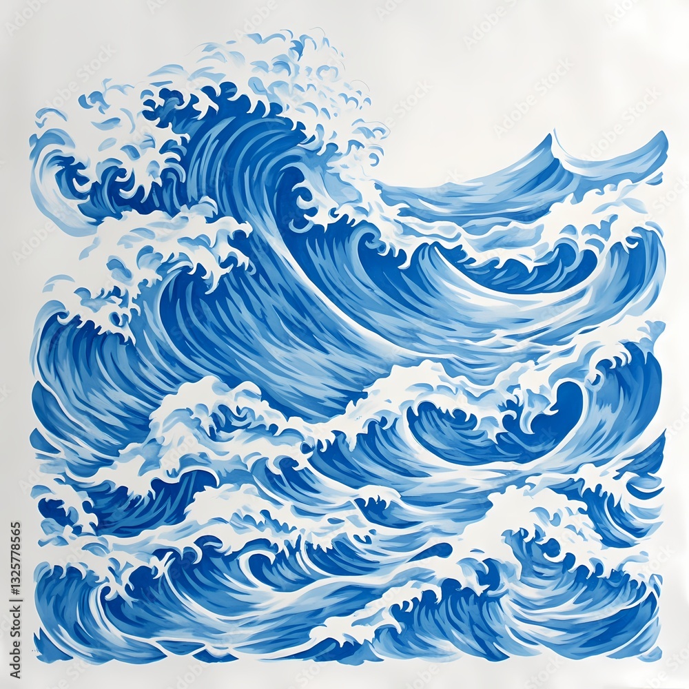 Powerful Blue Ocean Waves in Traditional Japanese Art Style Powerful Blue Ocean Waves in Traditional Japanese Art Style