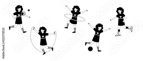 Young girl enjoying various sports activities in a playful and lively manner
