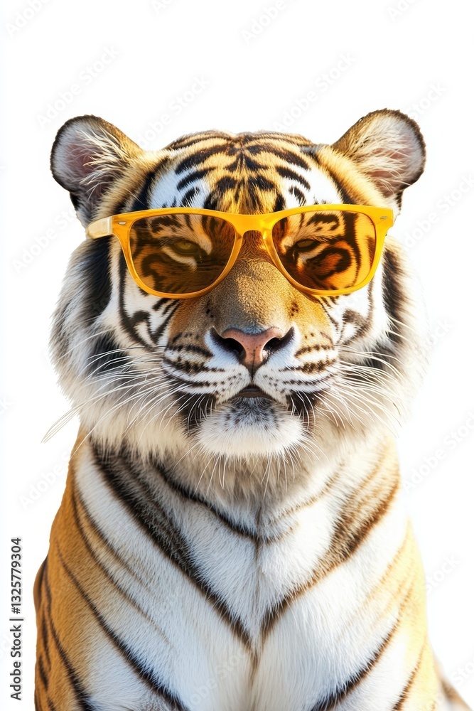 Fototapeta premium Tiger wearing sunglasses with a confident expression, playful animal portrait, exotic wildlife, vibrant colors, unique animal photography, fun and quirky.