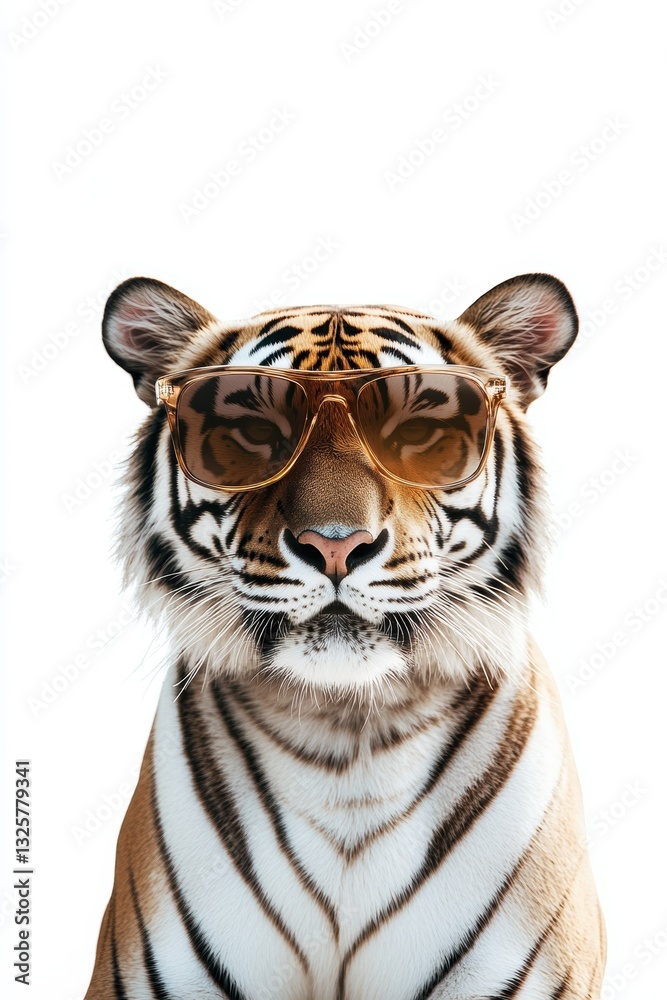 Fototapeta premium Tiger wearing sunglasses posing confidently on white background exotic wildlife portrait playful cool animal charismatic fashion sense.