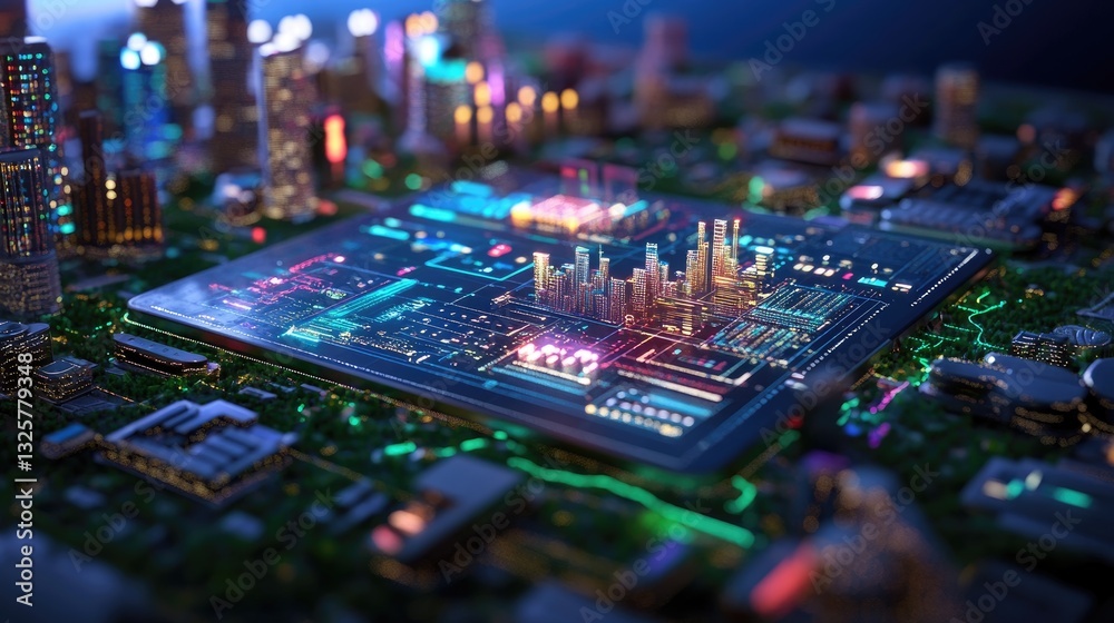 Obraz premium Futuristic Digital Cityscape with Circuit Board and Colorful Lights