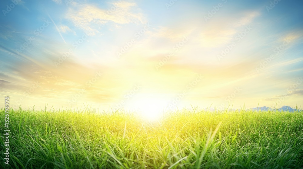 Sun rises over a vibrant green field against a bright blue sky Sun rises over a vibrant green field against a bright blue sky