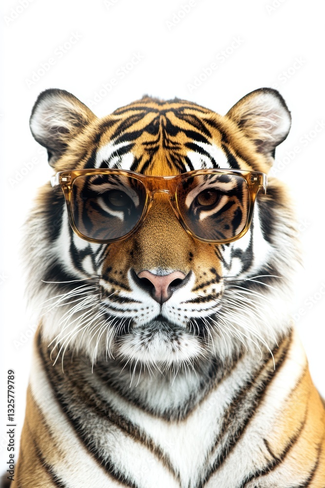 Fototapeta premium Tiger wearing sunglasses looking stylish and confident in a vibrant, artistic portrait, showcasing wildlife and fashion themes in a captivating image.