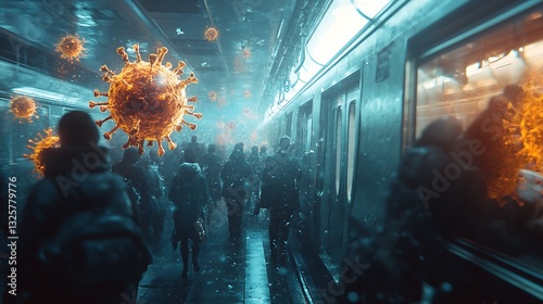A visualization of flu virus spread on a crowded subway, glowing virus particles floating in the air, cinematic composition, soft depth of field, moody lighting, high realism, dramatic color contrast, photo