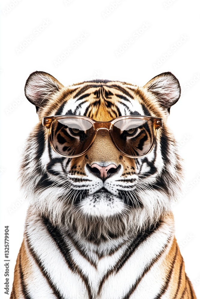 Fototapeta premium Tiger wearing sunglasses looking confident and cool against white background, wildlife portrait, exotic animal, fun and playful imagery for marketing.