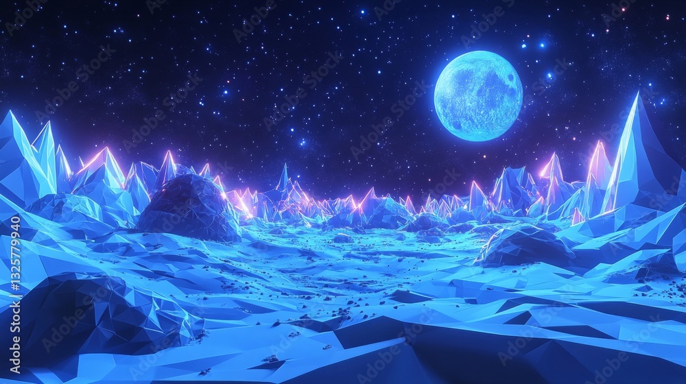 Fototapeta premium Blue and Purple Neon Mountainscape under a Glowing Moon