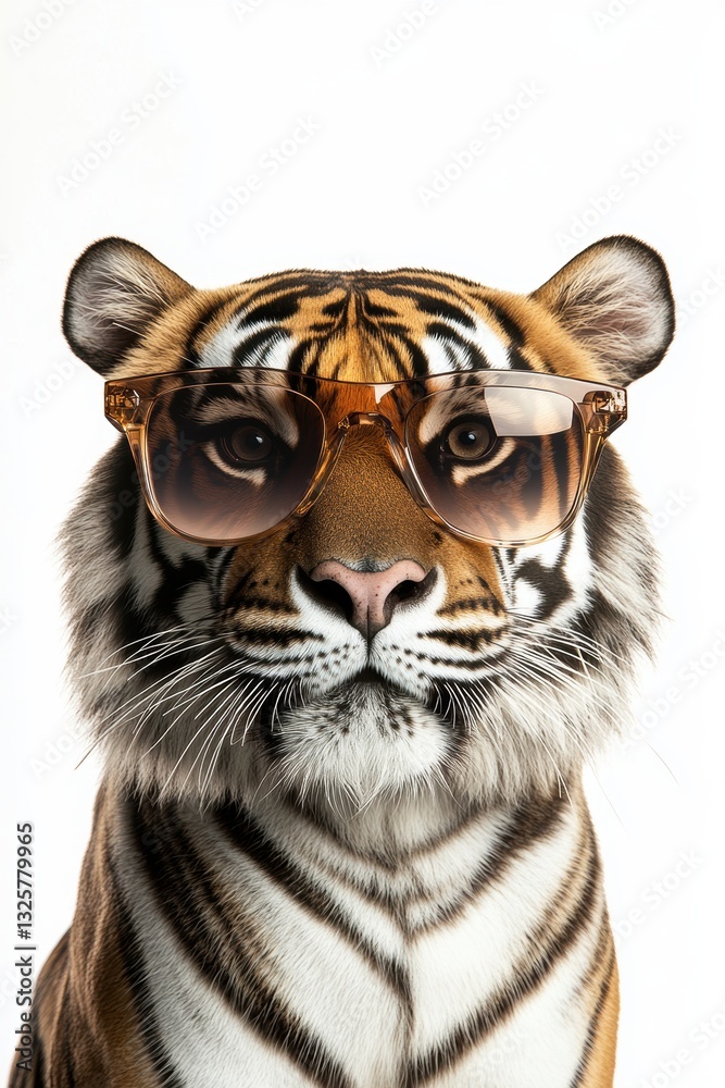 Fototapeta premium Tiger wearing sunglasses cool stylish animal portrait isolated on white background fashionable wildlife art fun leisure playful creature concept.