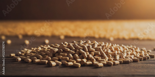 Pile of Light Brown Cylindrical Pellets on a Dark Wooden Surface
