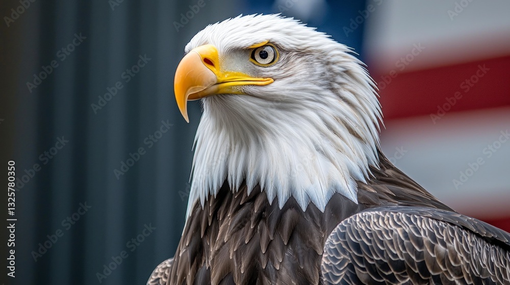 Fototapeta premium Majestic Bald Eagle Close up American Flag Background Wildlife Photography