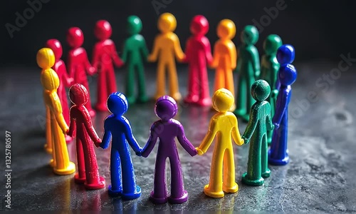 Colorful figures hold hands forming a circle, symbolizing teamwork and cooperation on textured background