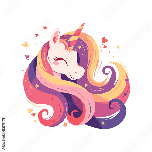 Vector adorable pink unicorn head with rainbow mane and horn with stars. Unicorn cute fantasy fairytale character isolated on white background