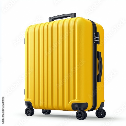 Horizontal ridges, retractable handle, multidirectional wheels, glossy, white background