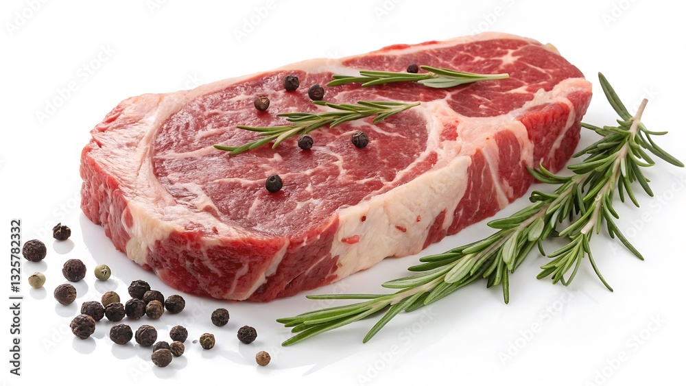 Raw Beef Steak with Marbling, Fresh Rosemary, and Black Peppercorns, Isolated on a White Background Perfect for butcher shop marketing, restaurant menus, and premium meat branding. Raw Beef Steak with Marbling, Fresh Rosemary, and Black Peppercorns, Isolated on a White Background Perfect for butcher shop marketing, restaurant menus, and premium meat branding.