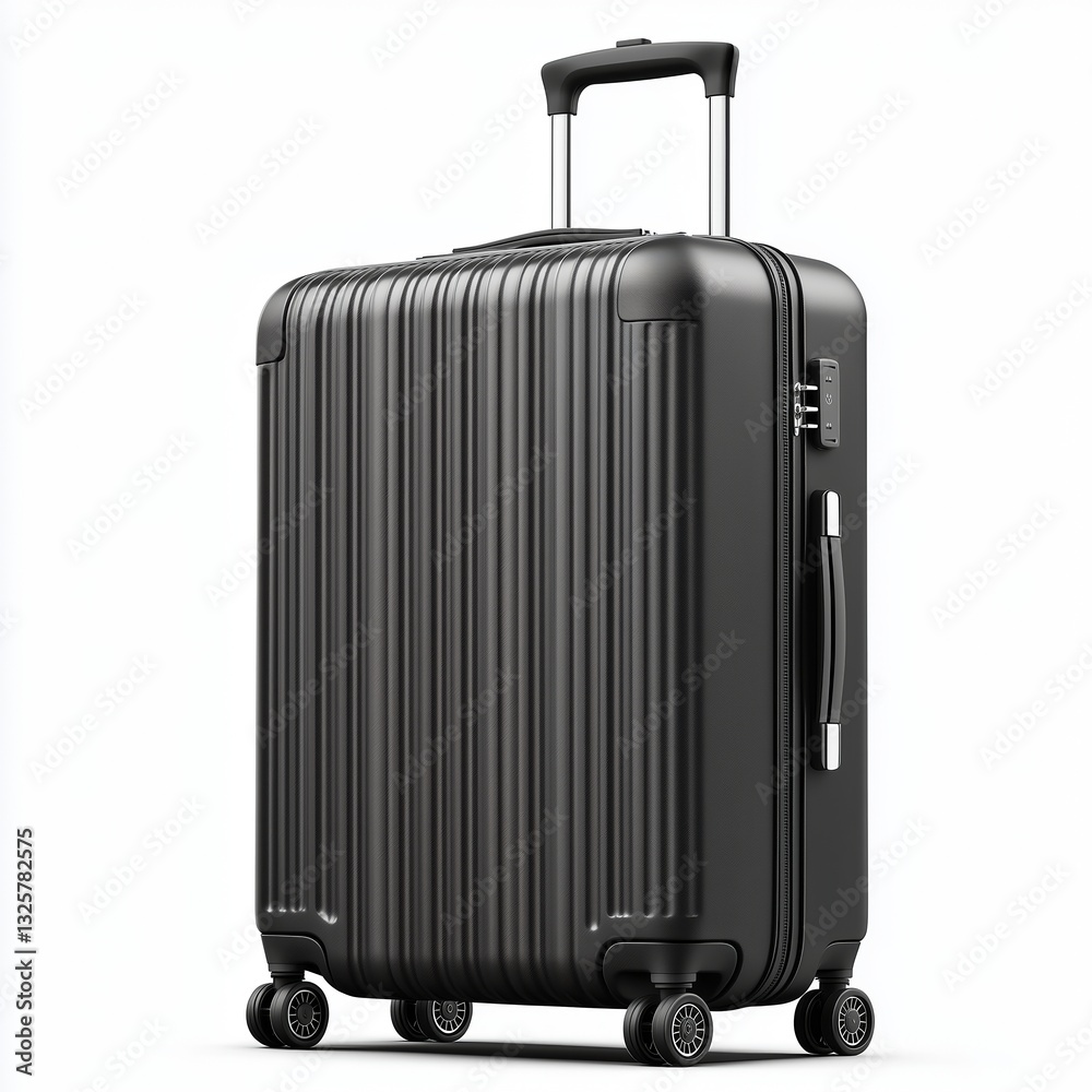 Modern black hard-shell suitcase, vertical grooves, telescopic handle, spinner wheels, isolated white, PNG-ready, professional travel mockup Modern black hard-shell suitcase, vertical grooves, telescopic handle, spinner wheels, isolated white, PNG-ready, professional travel mockup