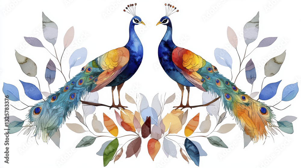 Obraz premium Colorful peacocks with vibrant feathers surrounded by leaves create stunning visual. This artwork captures beauty and elegance of nature