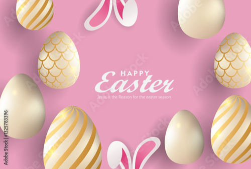 Easter day greeting card vector design. Easter paper cut clouds and eggs, Happy easter clipart poster banner or web background set. Happy easter  collection with colorful abstract bunny, golden eggs.