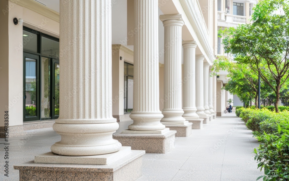 An elegant commercial building with a blank stone facade, overlooking a tree-lined street, perfect for upscale brand signage or luxury business promotions An elegant commercial building with a blank stone facade, overlooking a tree-lined street, perfect for upscale brand signage or luxury business promotions