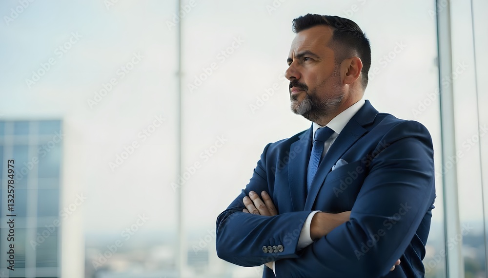 The Visionary: A sophisticated businessman, lost in thought, gazes thoughtfully out of a high-rise window. He is a portrait of confidence and ambition. The Visionary: A sophisticated businessman, lost in thought, gazes thoughtfully out of a high-rise window. He is a portrait of confidence and ambition.
