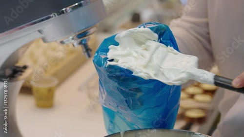 Confectioner filling plastic cone bag with fresh cream
