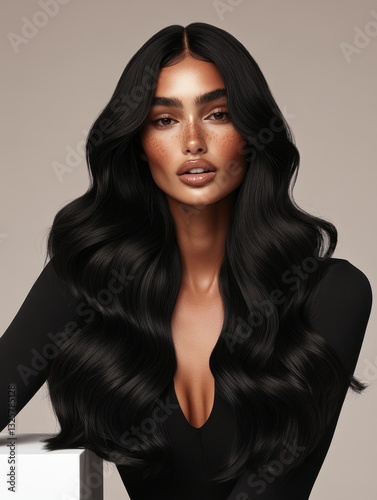 A striking portrait of a woman with long, glossy black hair and a confident expression, showcasing beauty and elegance.