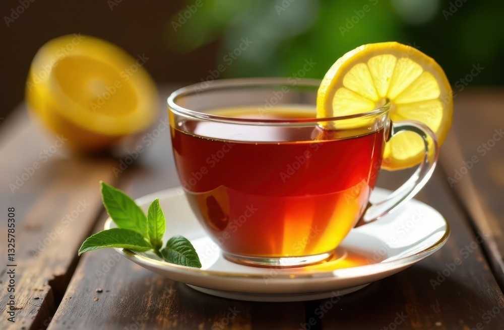 Sipping aromatic tea with lemon on a wooden table in a cozy setting Sipping aromatic tea with lemon on a wooden table in a cozy setting
