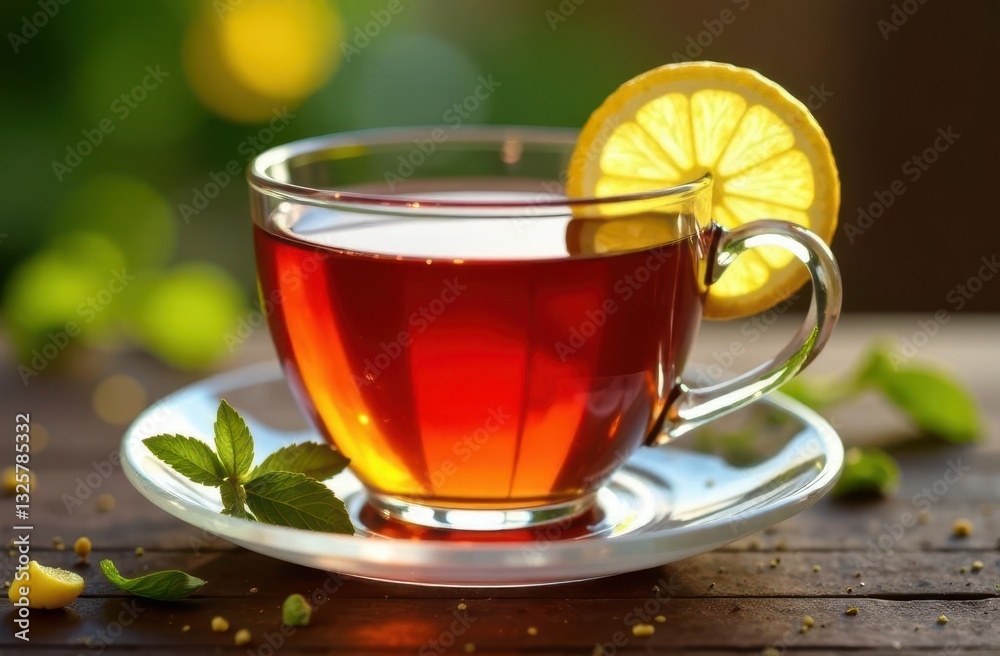 Refreshing cup of tea with lemon slice and mint leaves on a wooden table Refreshing cup of tea with lemon slice and mint leaves on a wooden table