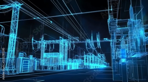 Electrical Substation Blueprint Schematic in Neon Blue Wireframe Style
