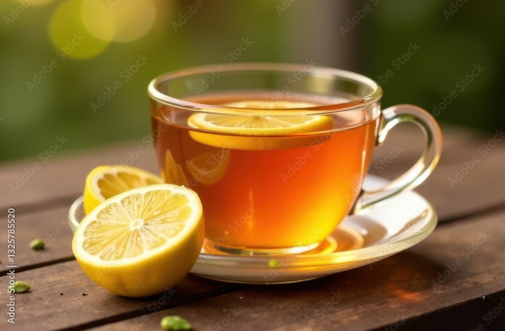 Refreshing cup of tea with lemon on a wooden table in a garden Refreshing cup of tea with lemon on a wooden table in a garden
