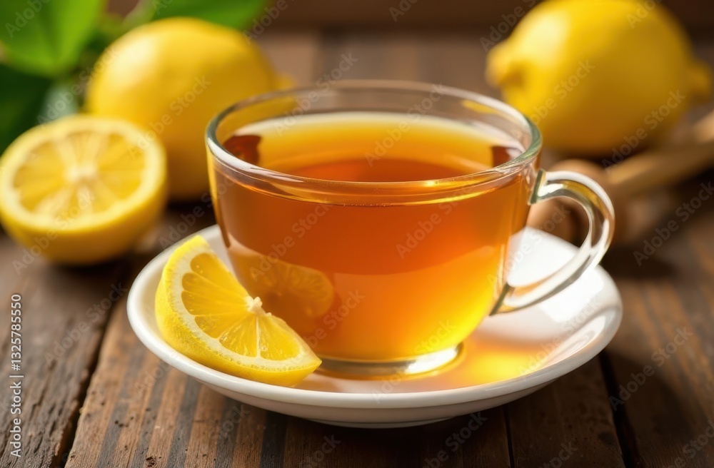 Refreshing cup of tea with lemon on rustic wooden table setting Refreshing cup of tea with lemon on rustic wooden table setting