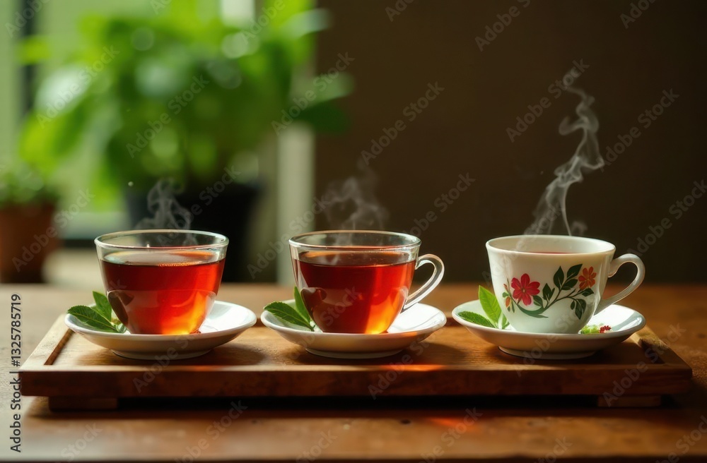 Varieties of tea served with steam in a cozy setting during afternoon tea time Varieties of tea served with steam in a cozy setting during afternoon tea time