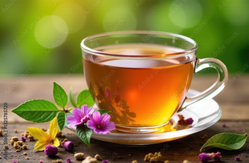 Enjoying a refreshing cup of tea with flowers on a sunny afternoon Enjoying a refreshing cup of tea with flowers on a sunny afternoon